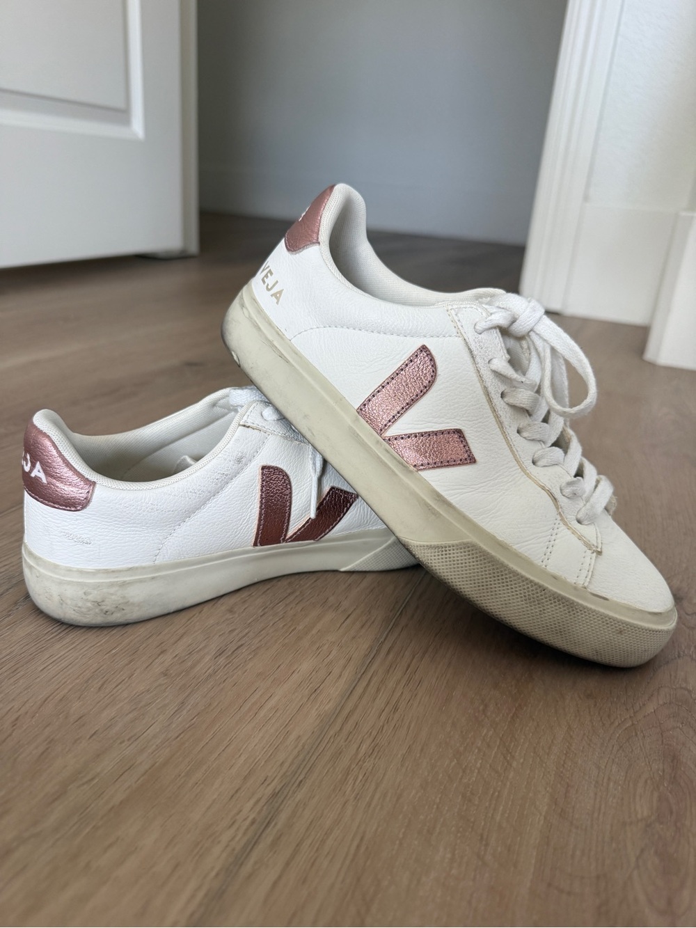 Veja Women’s White Leather Sneakers with Rose Metallic Detail - Picture 1 of 5